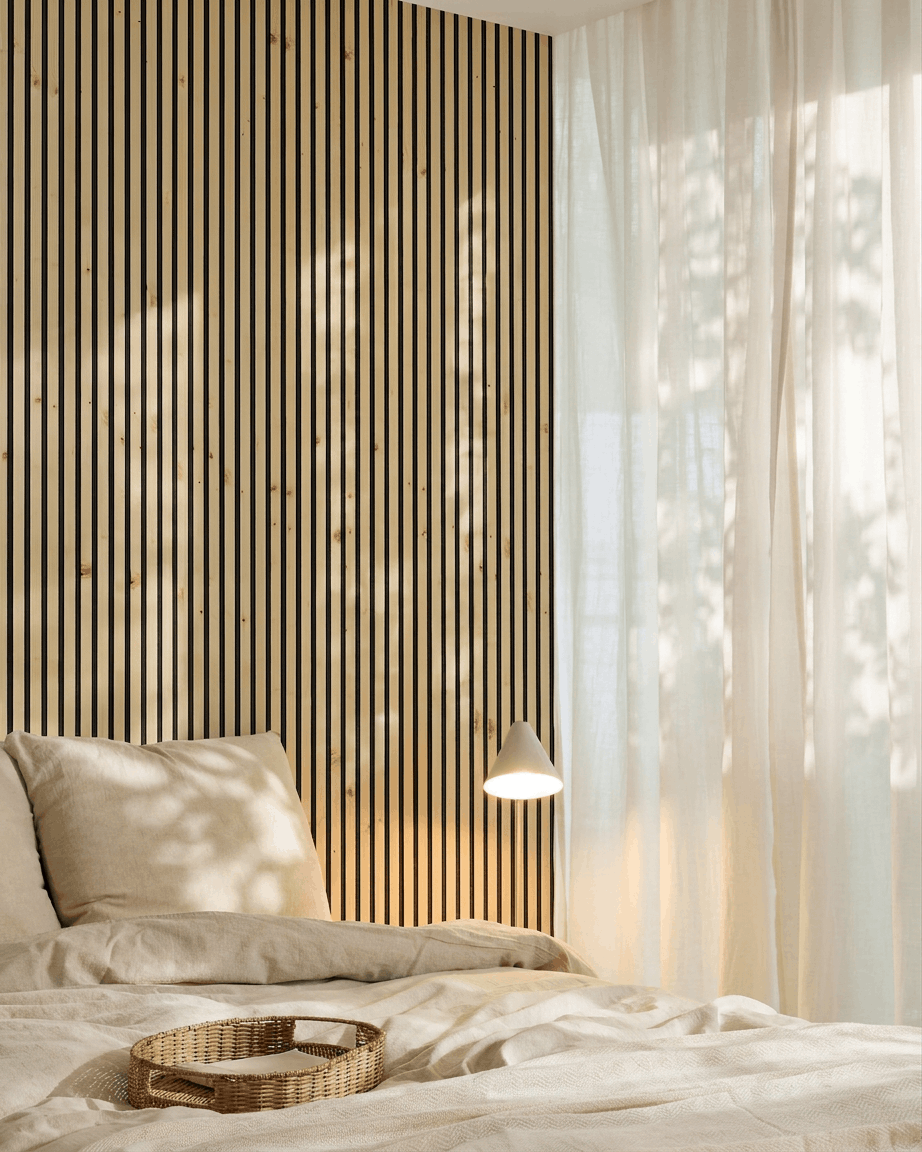 Skandinavisches Schlafzimmer mit einer Wand aus WoodUpp Akupanel, beiger Bettwäsche, einem geflochtenen Tablett, einer Pendelleuchte und Sonnenlicht, das durch transparente Vorhänge fällt.